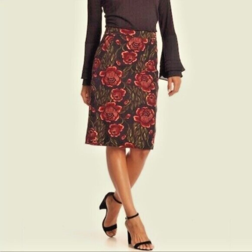 Catherine Malandrino Floral Print Woven Pencil Skirt Red Black Roses Sz 4 New